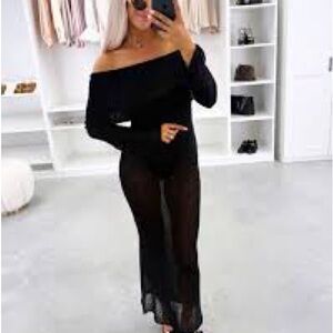 Black Off-Shoulder Sheer Wide-Leg Jumpsuit